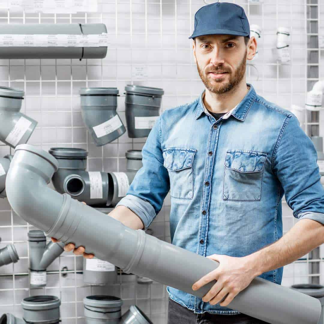 Man choosing pipes in the plumbing shop