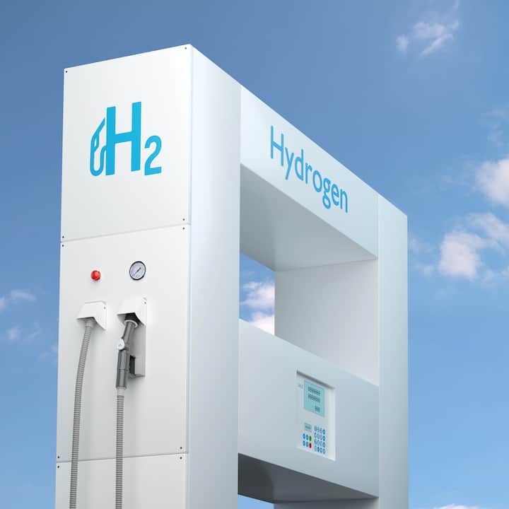 Hydrogen gas stations fuel dispenser on cloudy sky. 3d illustration.